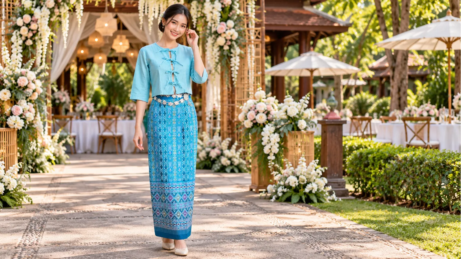 ภาพประกอบ AI นางแบบสวมเสื้อผูกโบว์สีฟ้าและซิ่นสีน้ำเงินอ้างอิงชุดร้าน ในฉากงานแต่งสมมติ